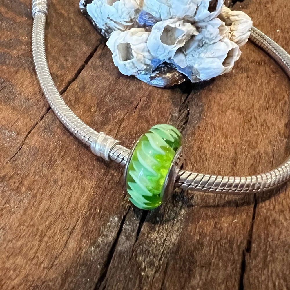 Authentic Pandora Murano Green Zig Zag Stripes Glass Bead St Patrick Day Garden